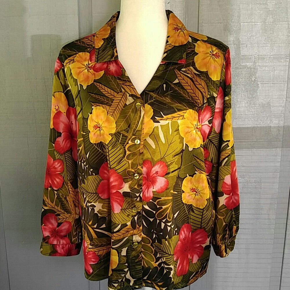 ANNA tropical print floral retro vintage blouse XL